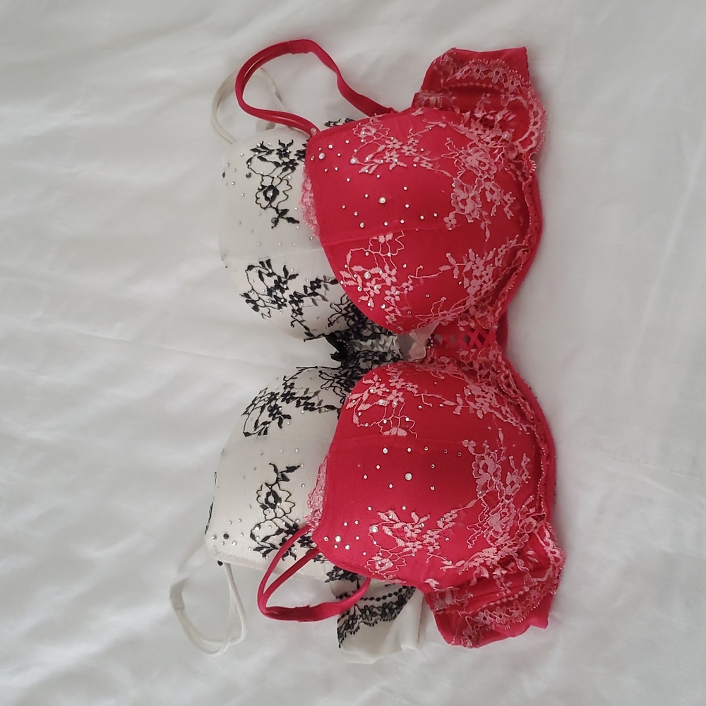 Two Victoria's Secret Rhinestone & Lace Demi Bras 36B